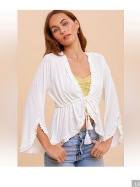 Hem & Thread White Ruffle Tie-Front Cardigan